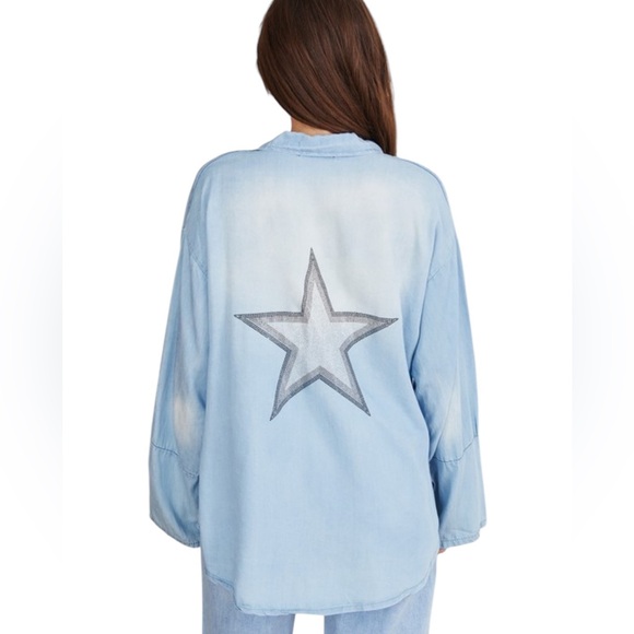 Venti 6 Tops - Venti 6 Rhinestone Blue Lyocell Star Back Button down Long Sleeve Shirt